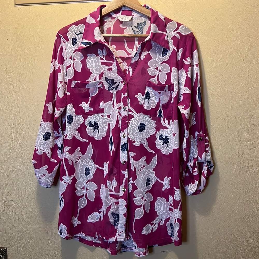 Ember button down pink floral blouse, Sz XL